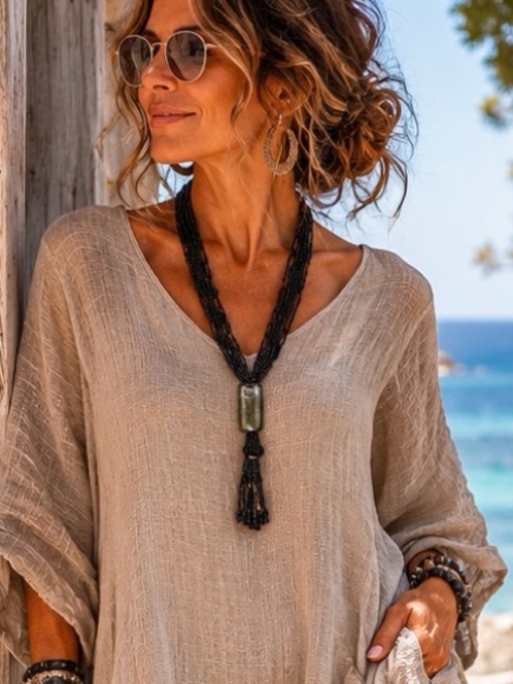 Beaded Lariat Style Necklace Black Beads Beachy Western Boho